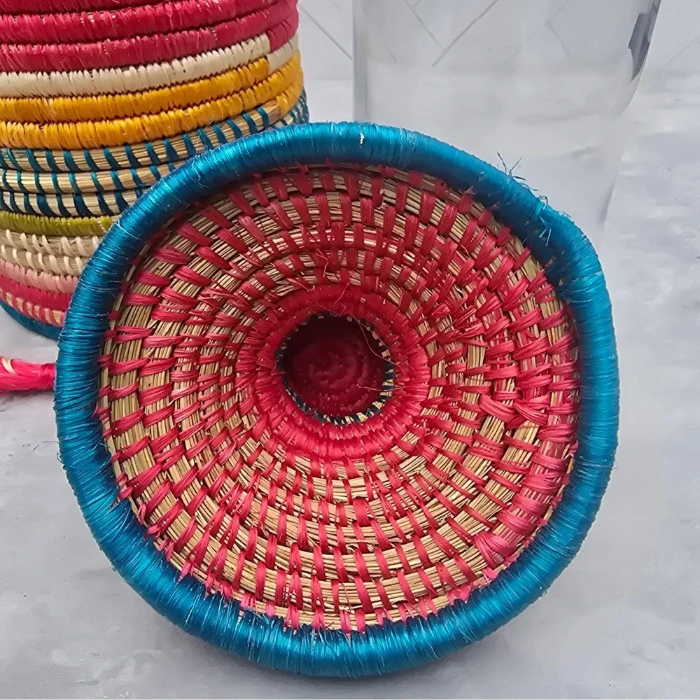 Handcrafted Rwanda Woven Basket Vase with Lid Tassel and Glass Insert Multicolor